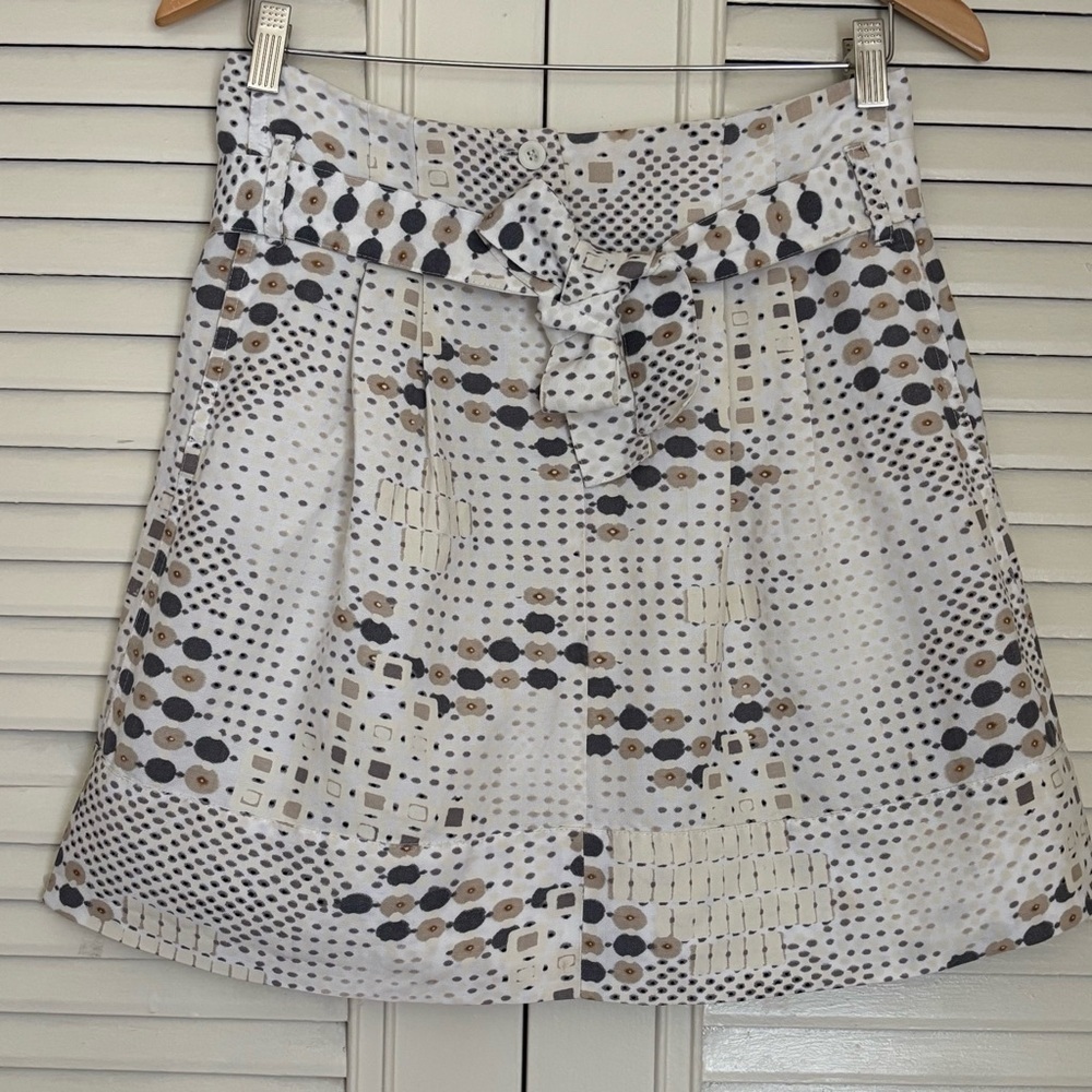Sandro Studios 8 Linen Cream & Gray Print A-line Mini Skirt 2 Pockets whit belt